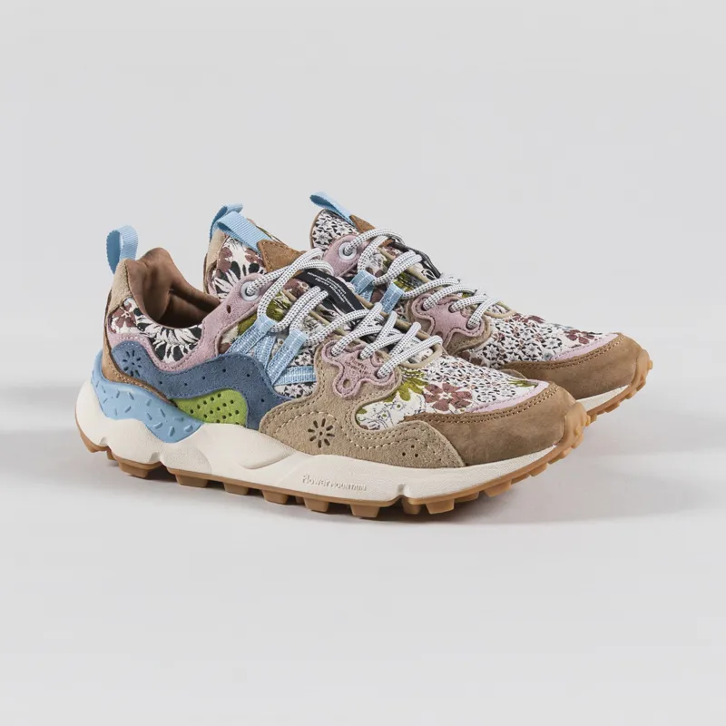 Flower Mountain Womens Yamano 3 Shoes Light Brown Beige Light Blue Suede Jacquard Flower Print