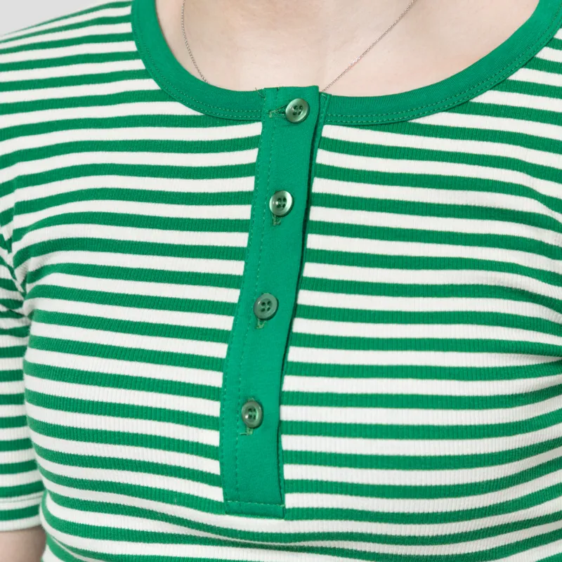 Basic Apparel Womens Ludmilla Stripe Grandad Top Abundant Green Whisper White-2
