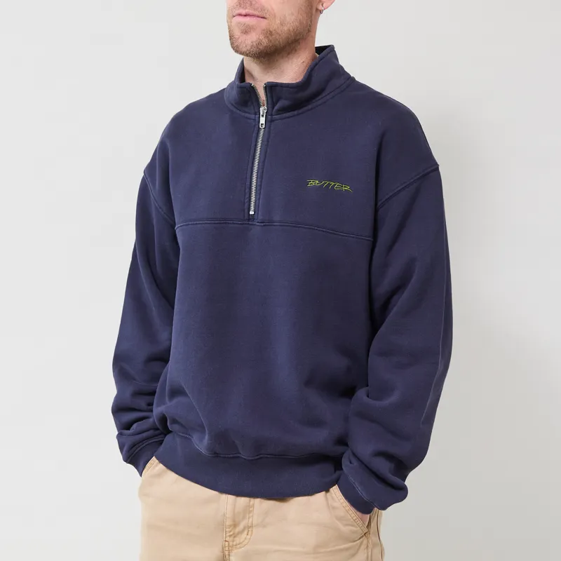 Butter Goods Panel Quarter Zip Sweater Washed Navy-1
