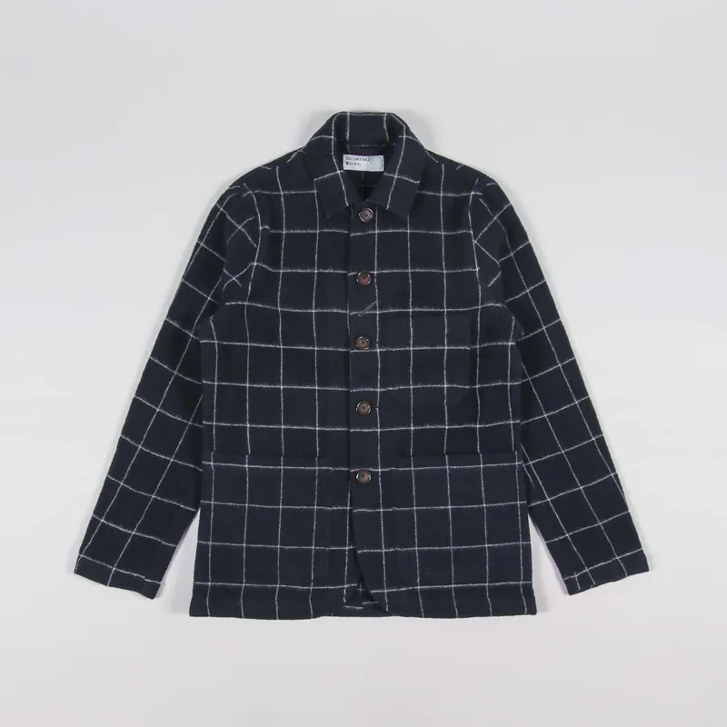 Universal Works Bakers Chore Jacket Navy Wool Windowpane Check