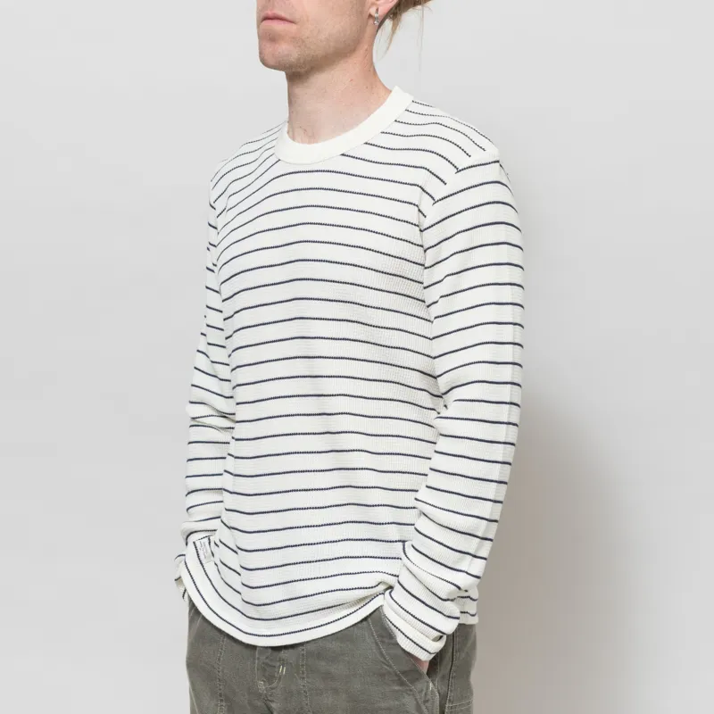Percival Ernie Waffle Long Sleeve T Shirt Ecru Navy-1