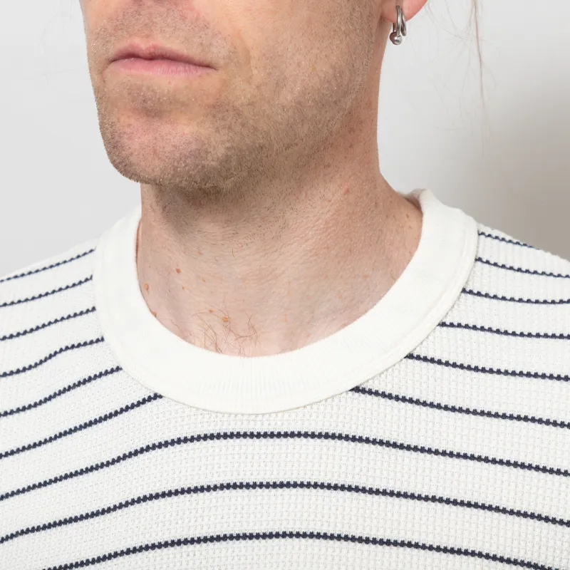 Percival Ernie Waffle Long Sleeve T Shirt Ecru Navy-3