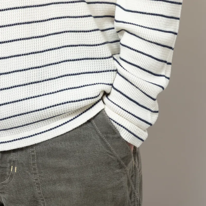 Percival Ernie Waffle Long Sleeve T Shirt Ecru Navy-5