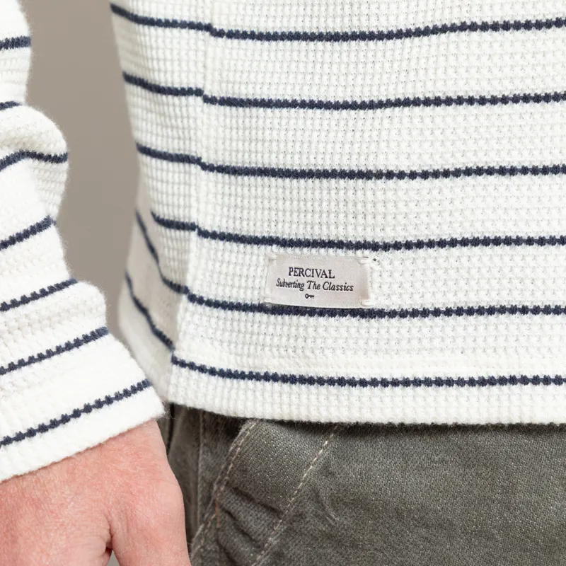 Percival Ernie Waffle Long Sleeve T Shirt Ecru Navy-6