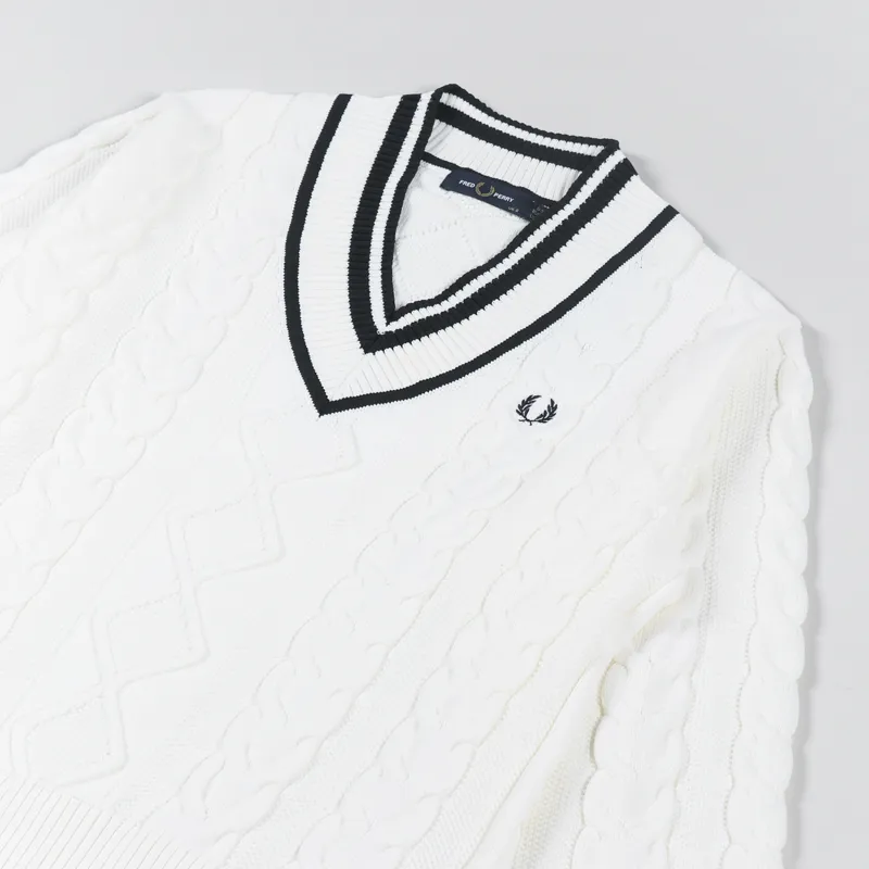 Fred Perry Womens Cable Knitted V-Neck Sweater White