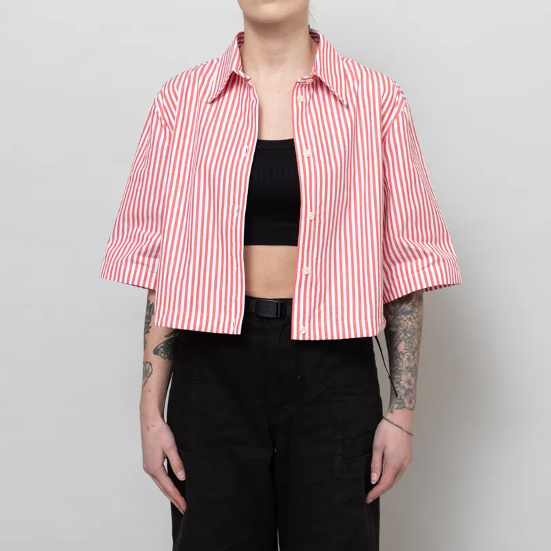Stella Nova Womens Cropped Stripe Cotton Short Sleeve Shirt Red