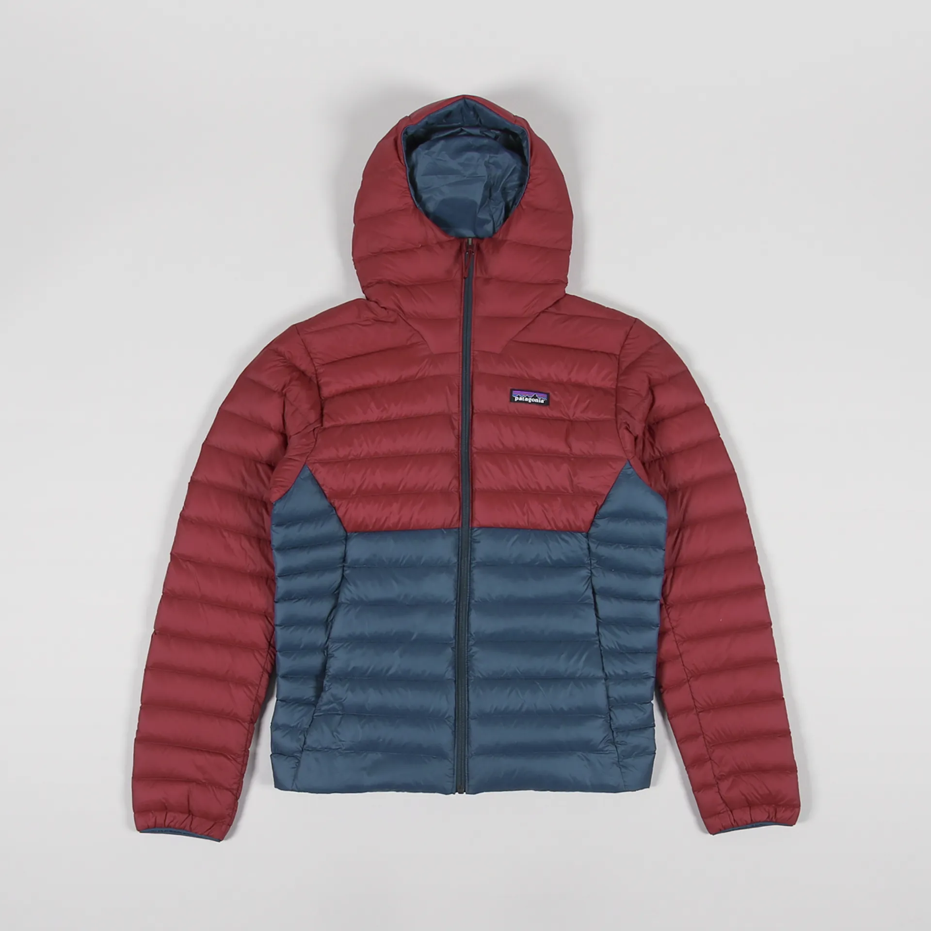 Patagonia Mens Recycled Down Sweater Hoody Tidepool Blue Red