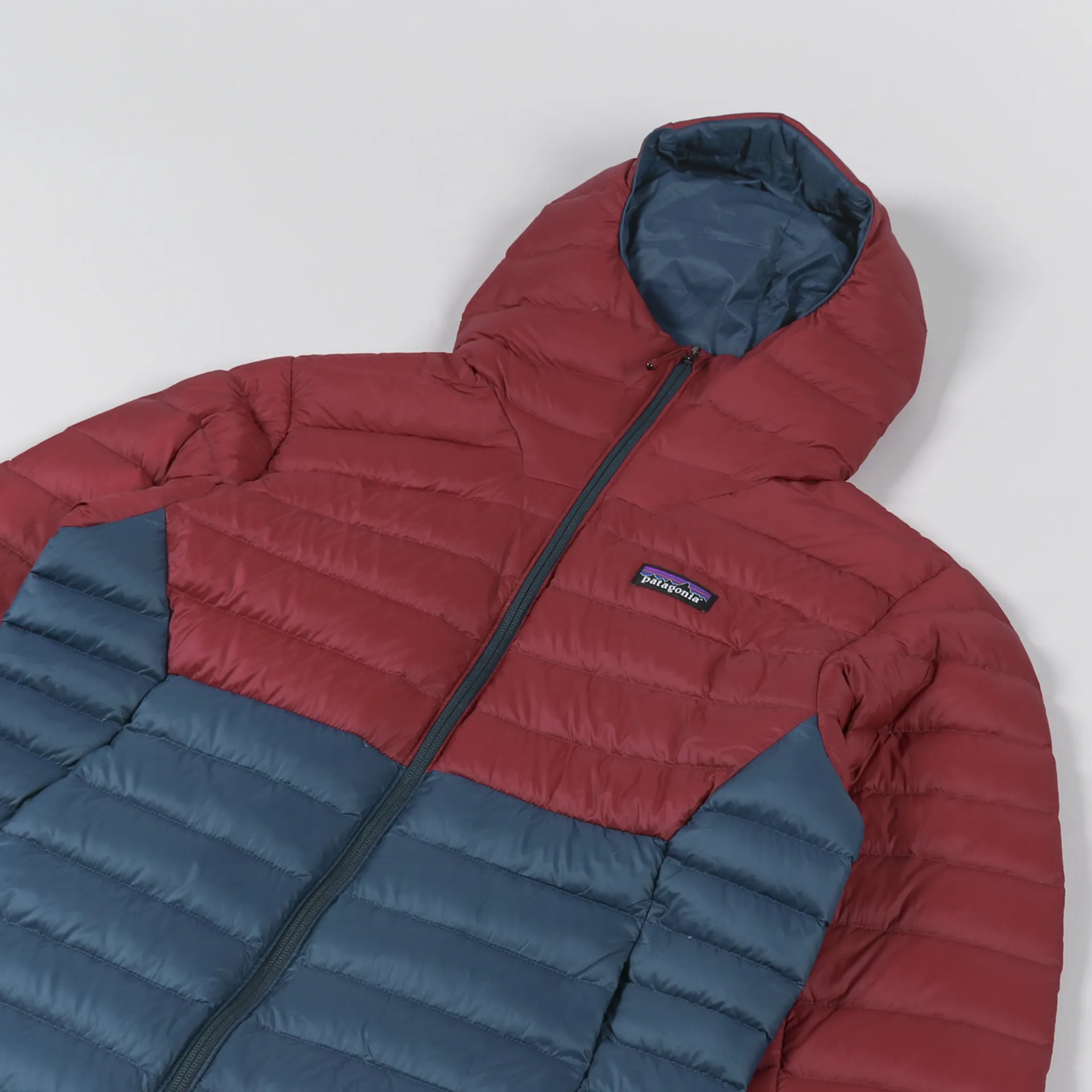 Patagonia Mens Recycled Down Sweater Hoody Tidepool Blue Red