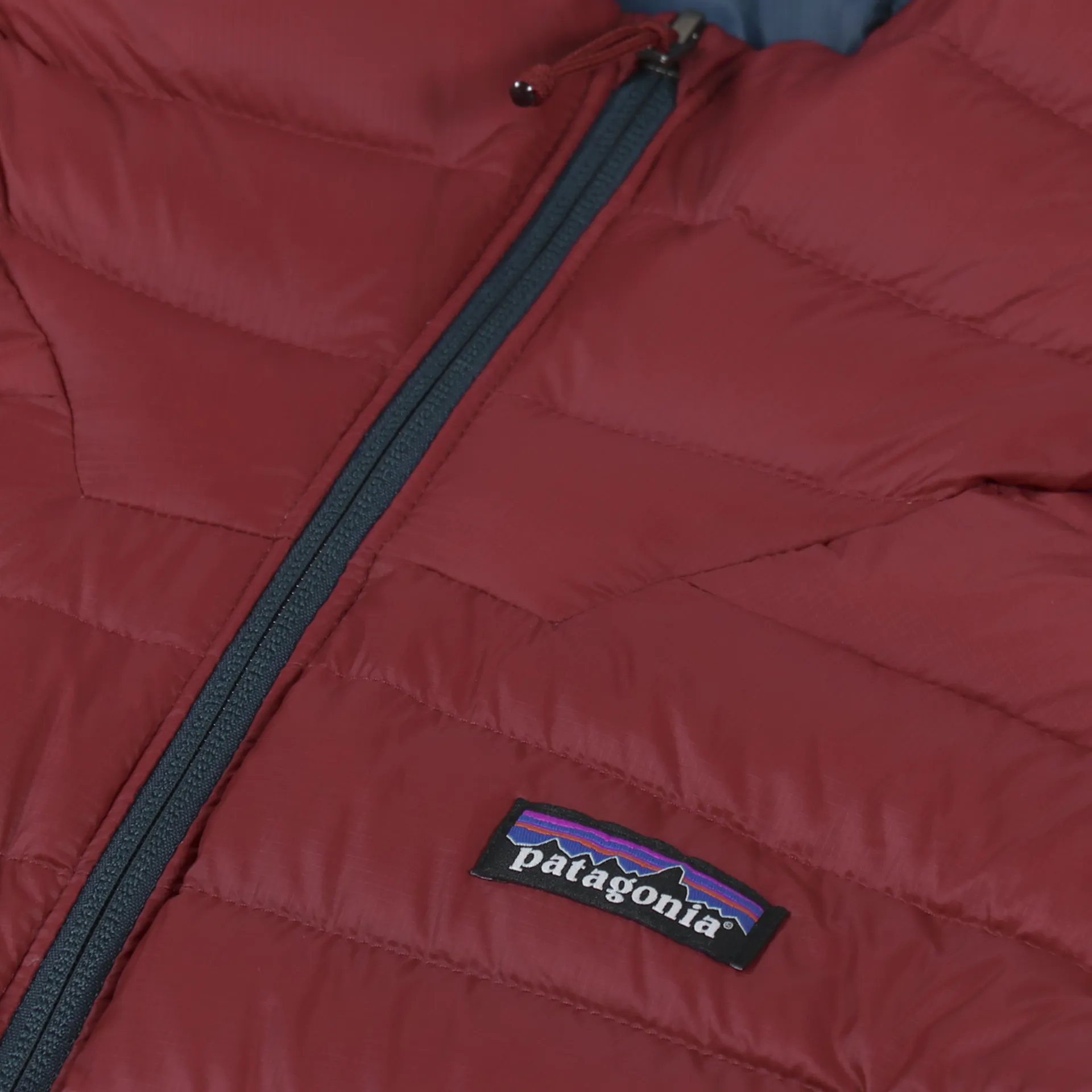 Patagonia Mens Recycled Down Sweater Hoody Tidepool Blue Red