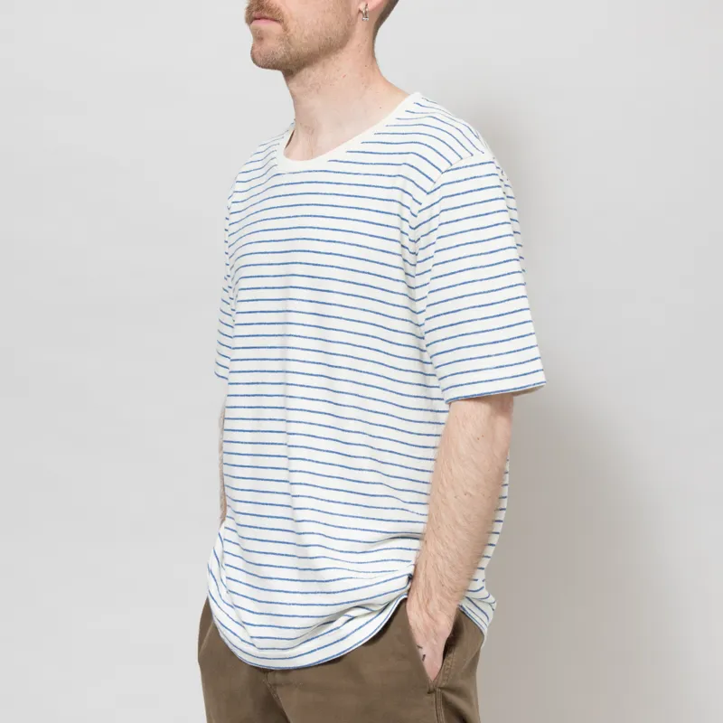 Folk Textured Stripe T Shirt Ecru Bright Blue-1