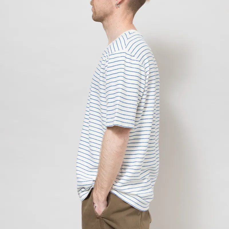 Folk Textured Stripe T Shirt Ecru Bright Blue-2