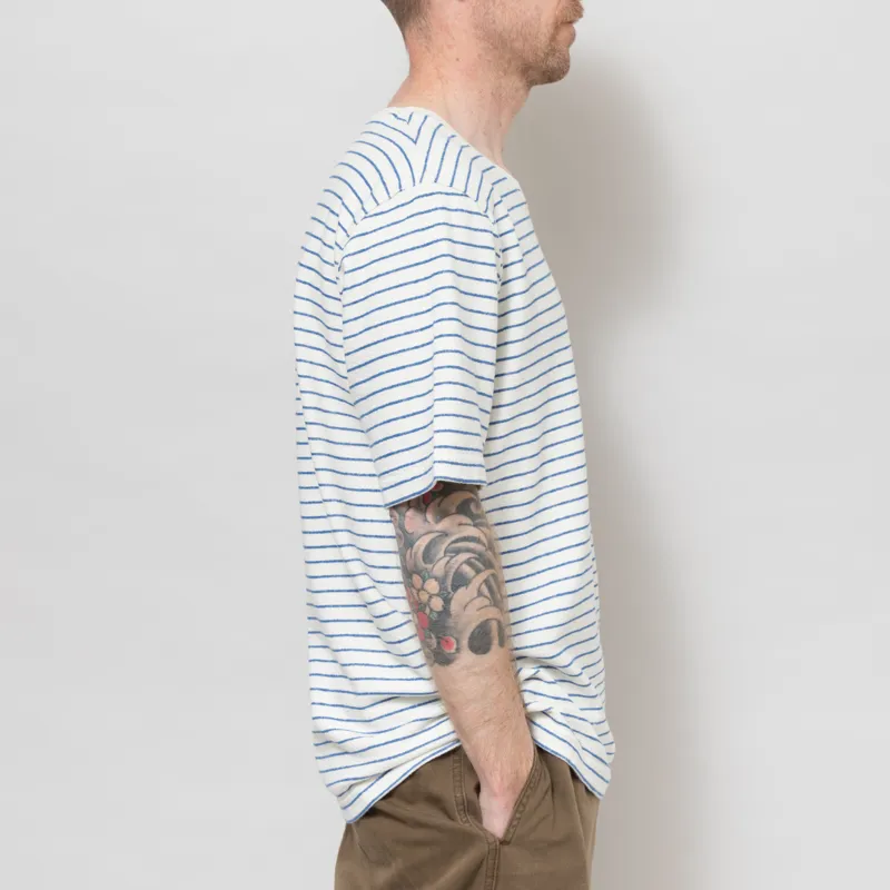 Folk Textured Stripe T Shirt Ecru Bright Blue-4