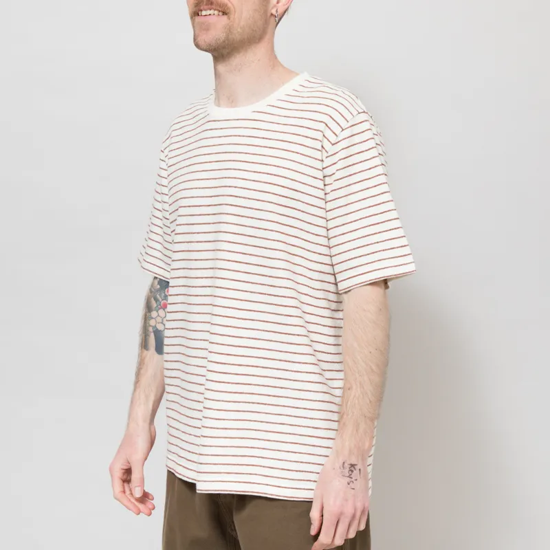 Folk Textured Stripe T Shirt Ecru Burnt Red-1