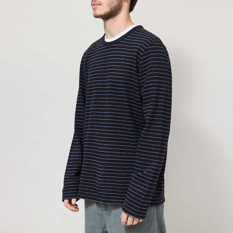 Folk Long Sleeve Textured Stripe T Shirt Black Soft Blue-1