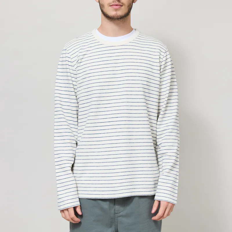 Folk Long Sleeve Textured Stripe T Shirt Ecru Soft Blue