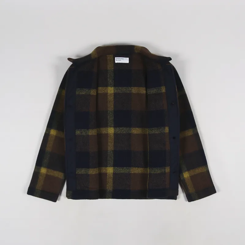 Universal Works Field Jacket Navy Yellow Large Plaid Fleece-1