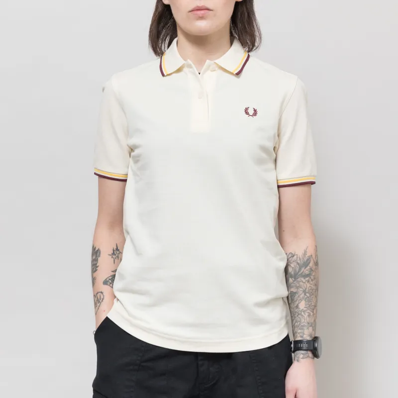 Fred Perry Womens G3600 Twin Tipped Polo Shirt Ecru Lemon Barley Oxblood
