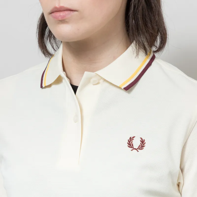 Fred Perry Womens G3600 Twin Tipped Polo Shirt Ecru Lemon Barley Oxblood-2