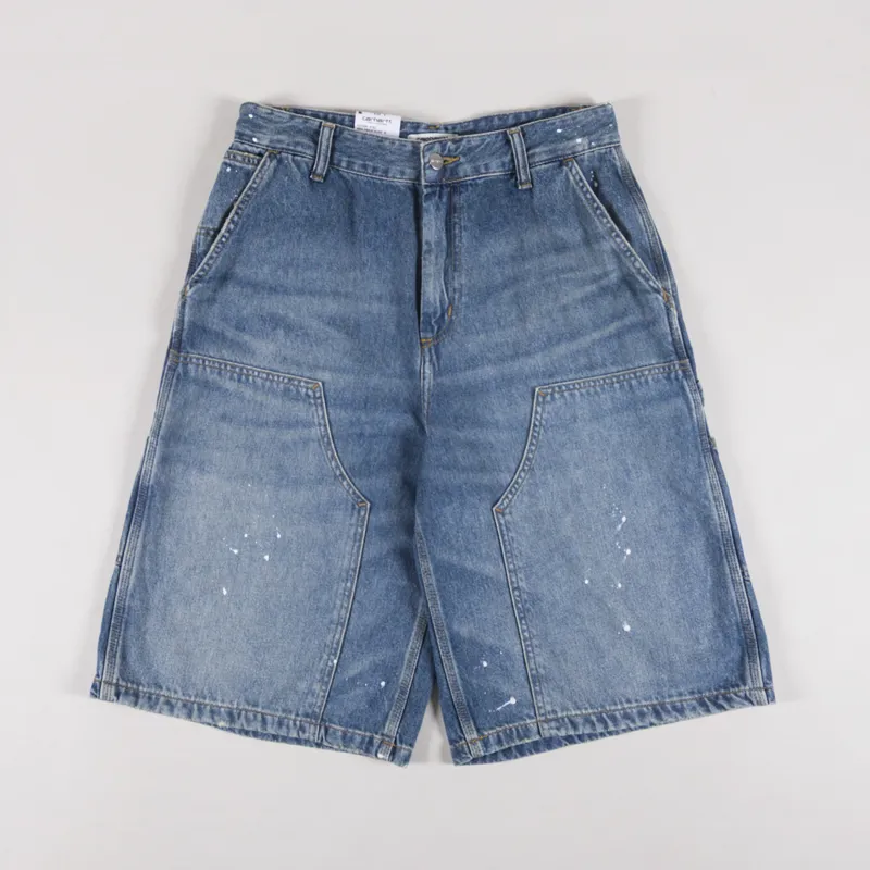 Carhartt WIP Womens Nixon Double Knee Shorts Blue Destroy Wash Splatter-1