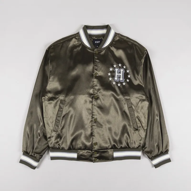 Huff Mens Skateboarding Galactic Stack Baseball Jacket Olive Huff Mens Skateboarding Galactic Stack Baseball Jacket Olive