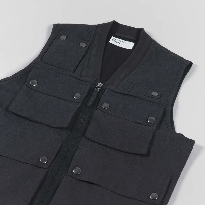 Universal Works Jojo Anglers Waistcoat Charcoal Herringbone Cotton-3