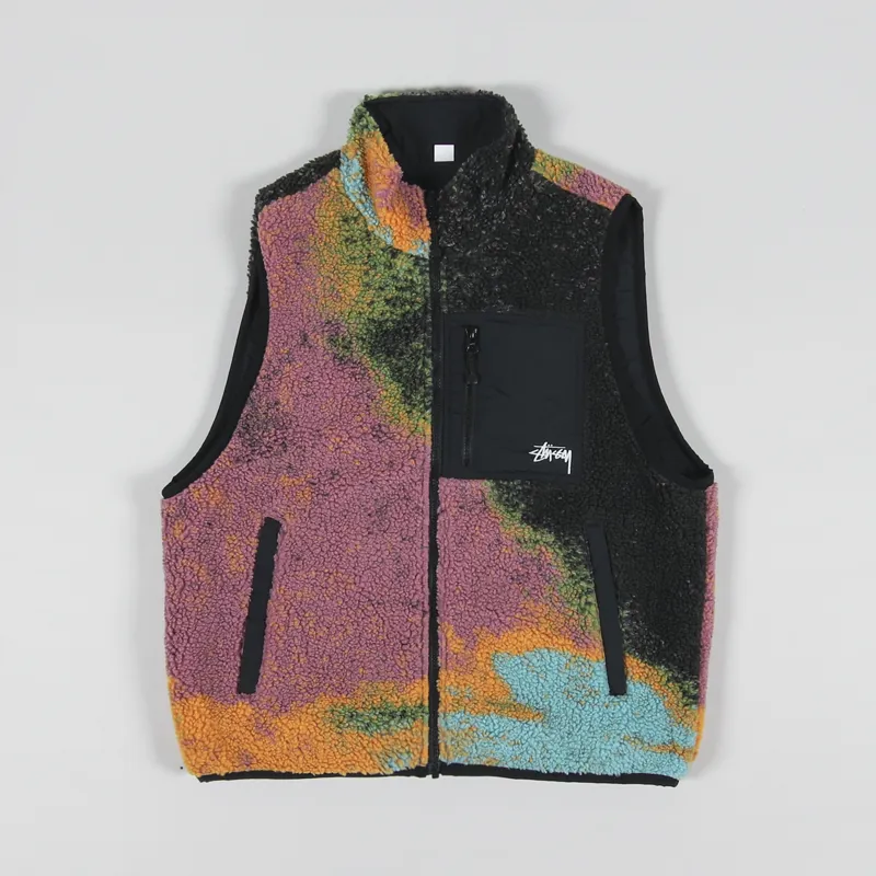 Stussy Mens Jacquard Dye Sherpa Vest Berry Multi Fleece Gilet