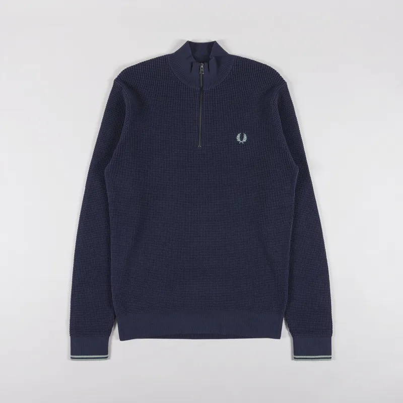 Fred Perry Mens Waffle Stitch Half Zip Jumper Dark Airforce Blue
