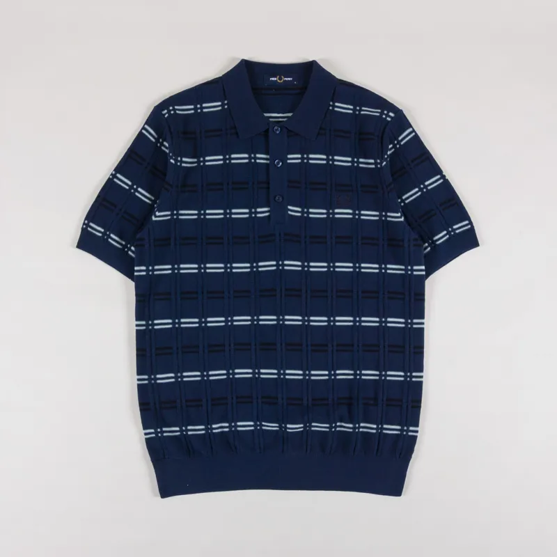 Fred Perry Mens Striped Rib Knitted Polo Shirt Tennis Blue Navy