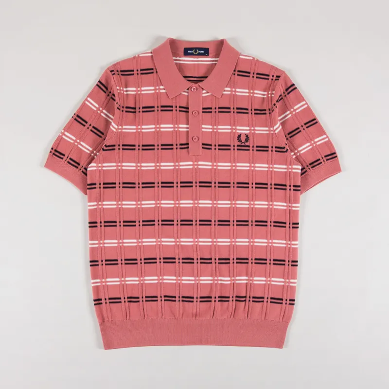 Fred Perry Mens Striped Rib Knitted Polo Shirt Putty Pink