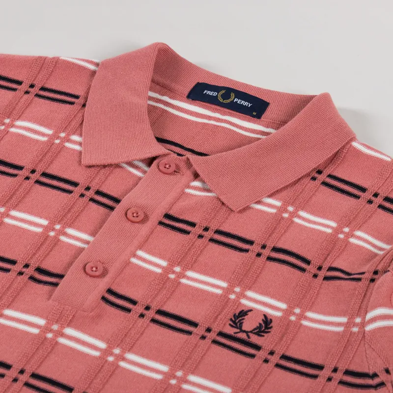 Fred Perry Mens Striped Rib Knitted Polo Shirt Putty Pink