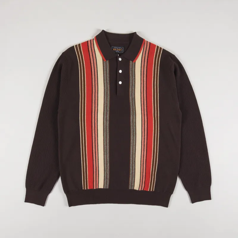 Beams Plus Stripe Knit Polo Shirt Dark Brown