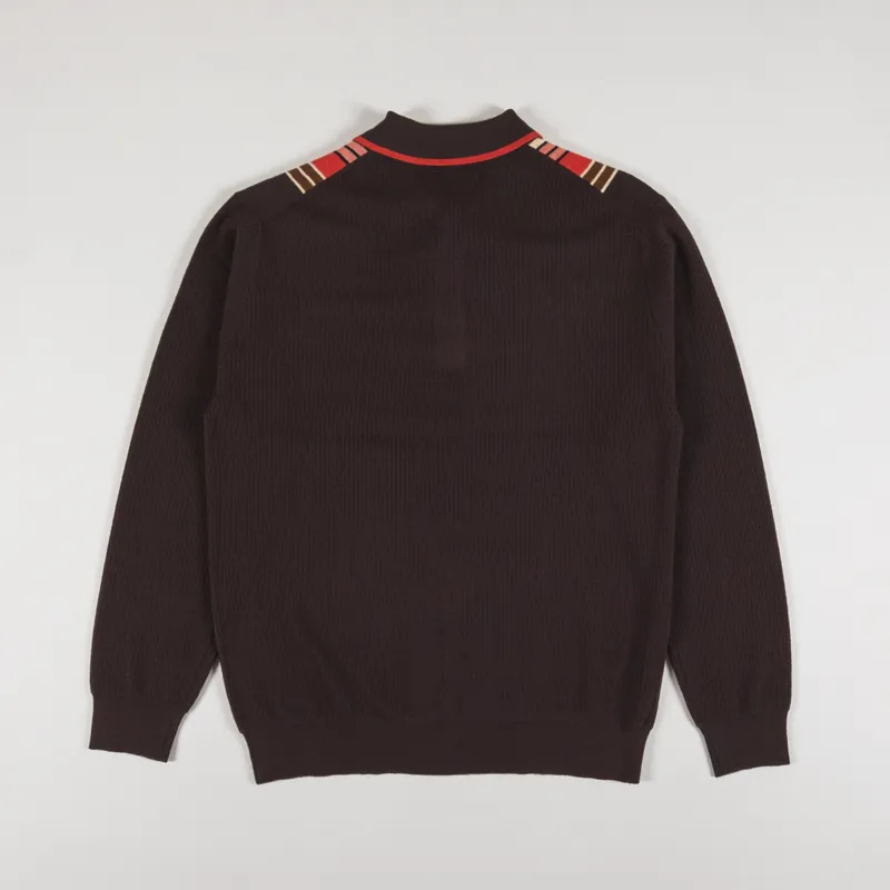 Beams Plus Stripe Knit Polo Shirt Dark Brown-1