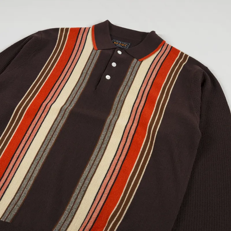Beams Plus Stripe Knit Polo Shirt Dark Brown-2