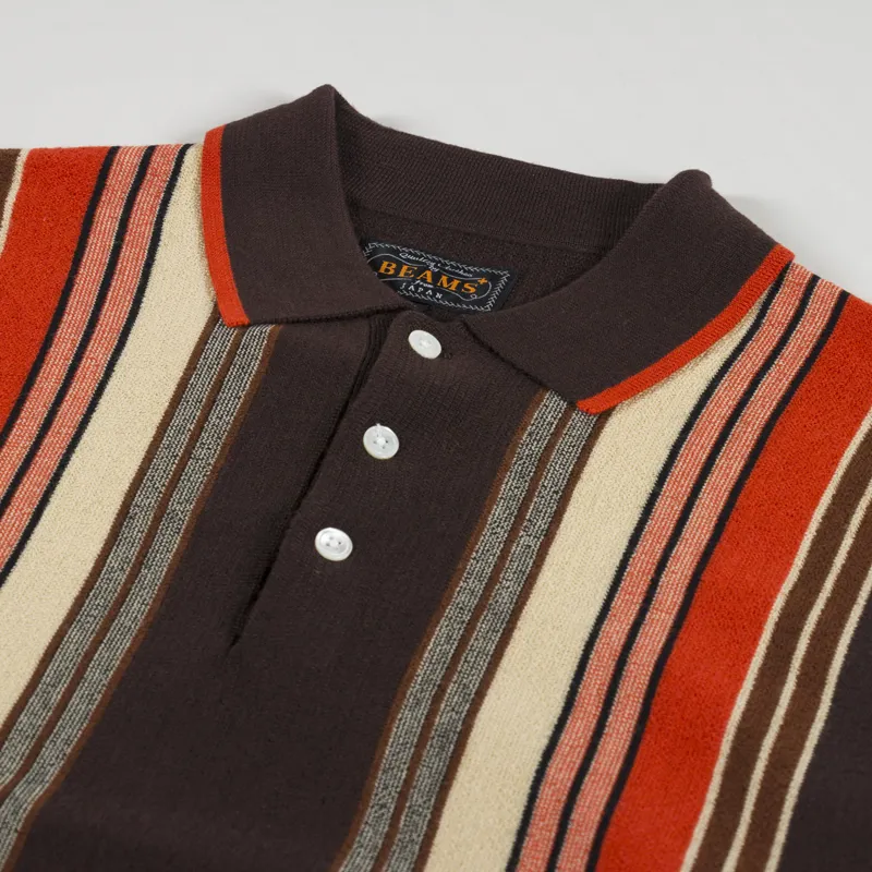 Beams Plus Stripe Knit Polo Shirt Dark Brown-4