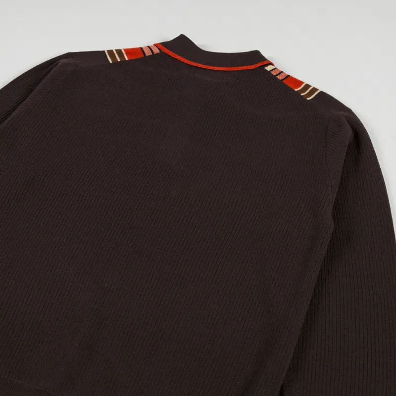 Beams Plus Stripe Knit Polo Shirt Dark Brown-3