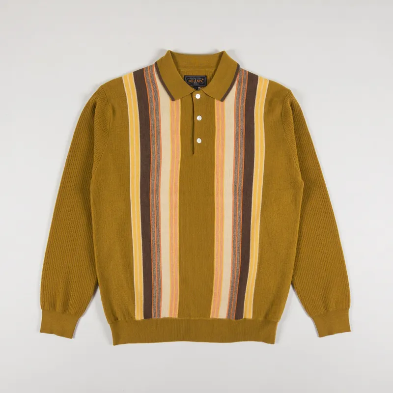 Beams Plus Stripe Knit Polo Shirt Mustard