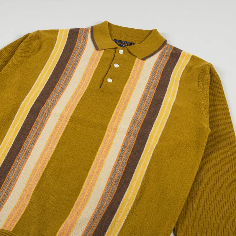 Beams Plus Stripe Knit Polo Shirt Mustard-2