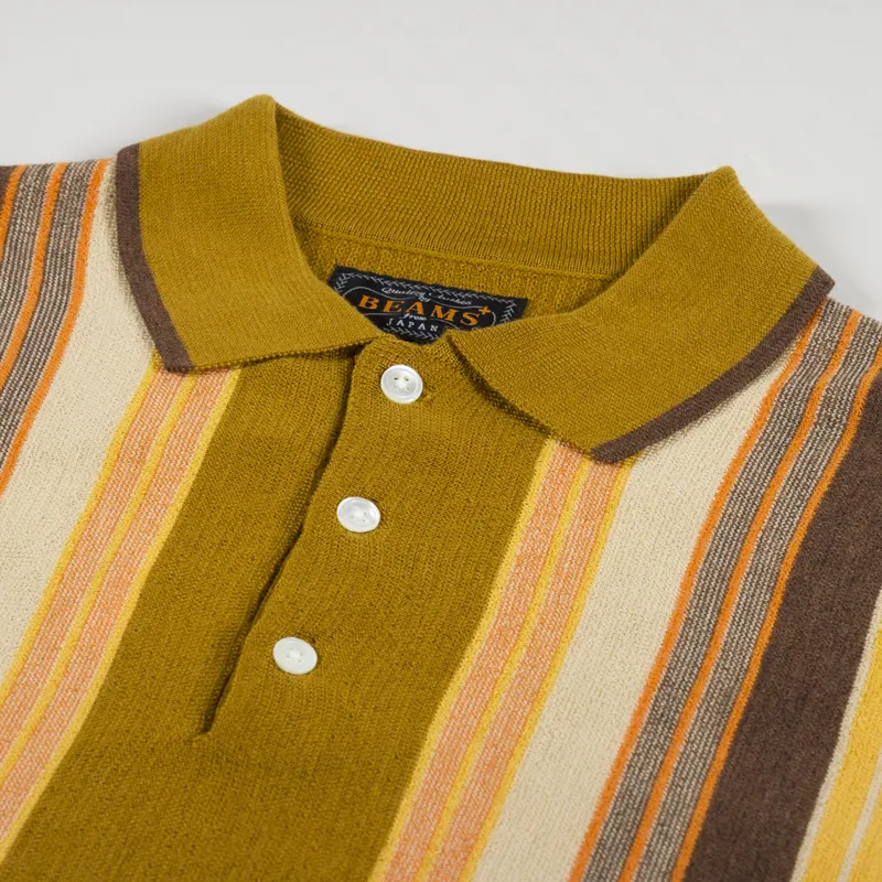 Beams Plus Stripe Knit Polo Shirt Mustard-4