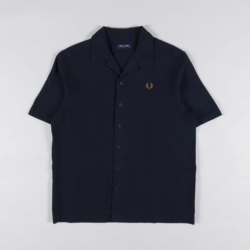 Fred Perry Mens Linen Blend Revere Collar Shirt Navy Blue