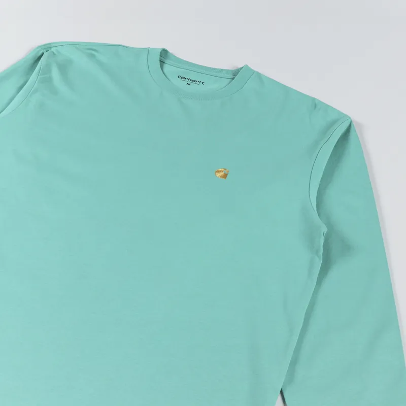 Carhartt WIP Long Sleeve Chase T Shirt Aqua Green Gold-2