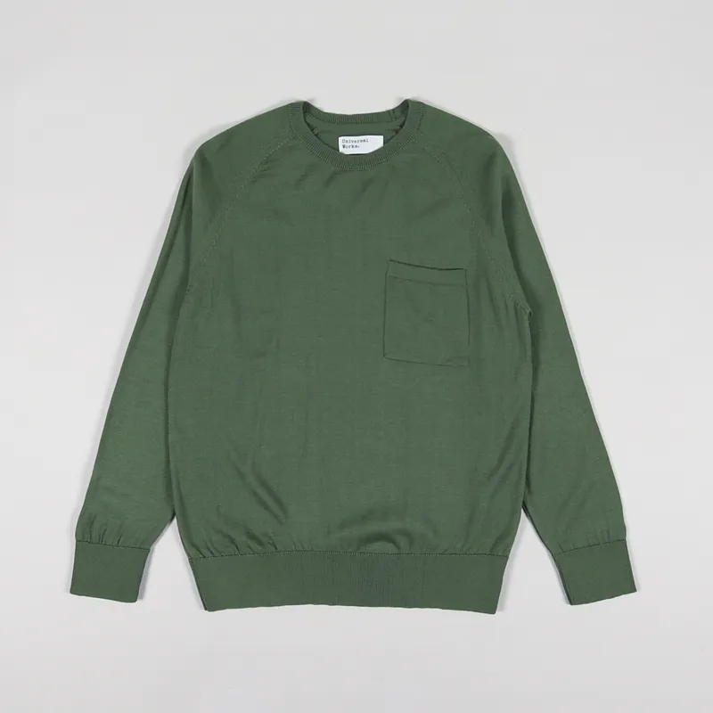 Universal Works Loose Pocket Crew Sweater Green Merino Knit