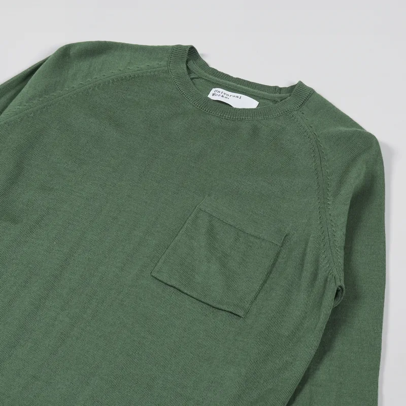 Universal Works Loose Pocket Crew Sweater Green Merino Knit-2