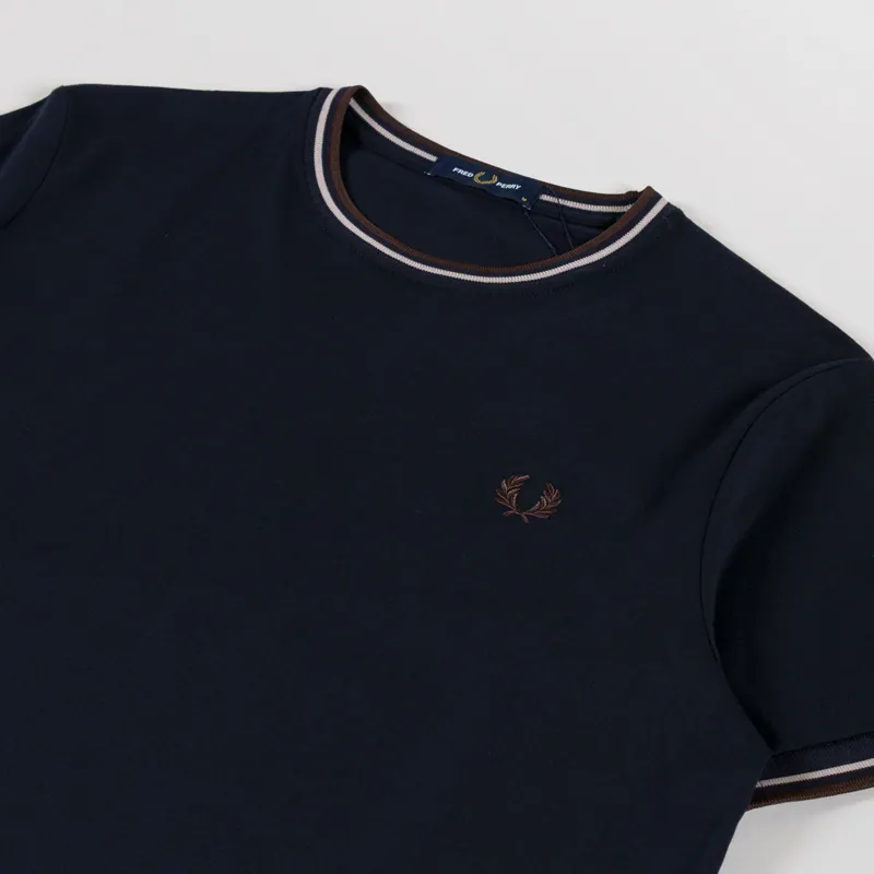 Fred Perry Twin Tipped T Shirt Navy Warm Oat Burnt Tobacco-1