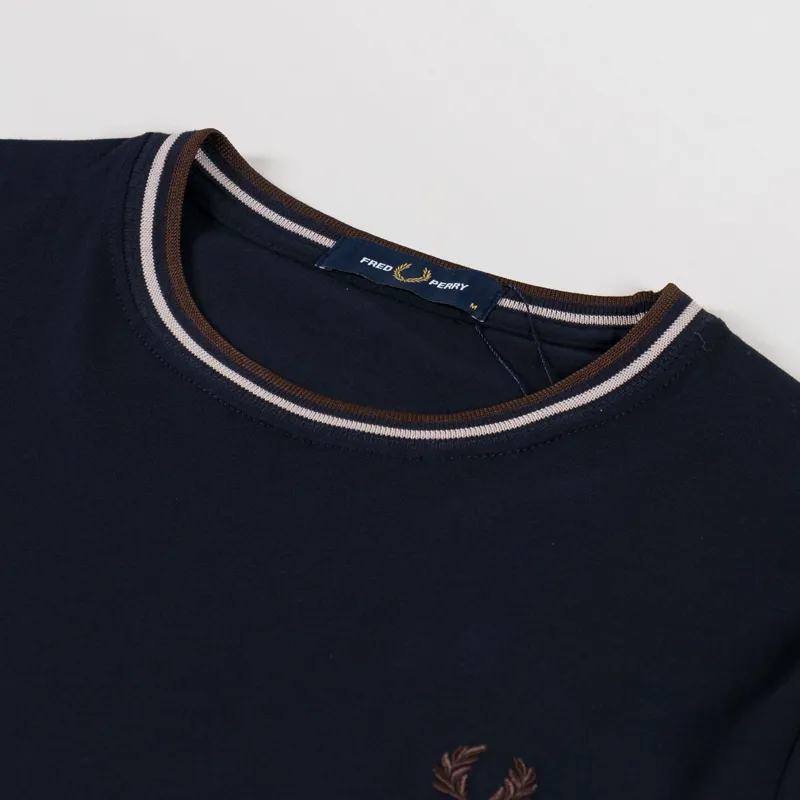 Fred Perry Twin Tipped T Shirt Navy Warm Oat Burnt Tobacco-2