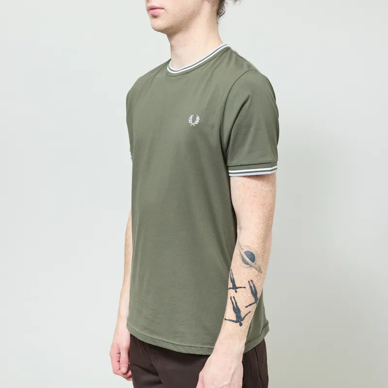 Fred Perry Twin Tipped T Shirt Laurel Wreath Green Ecru Dusky Blue-1