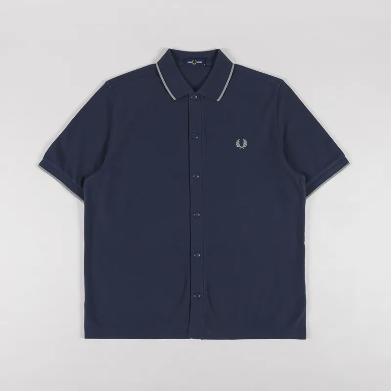 Fred Perry Textured Stripe Button Through Polo Dark Airforce