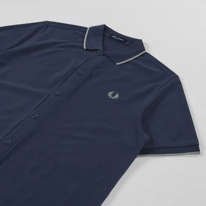 Fred Perry Textured Stripe Button Through Polo Dark Airforce-1