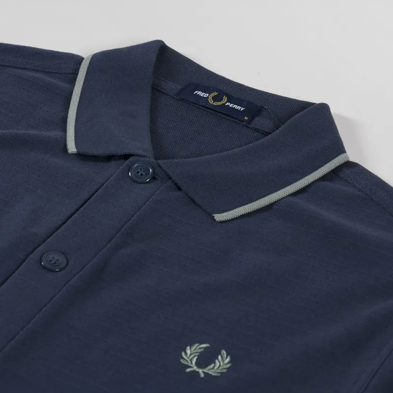 Fred Perry Textured Stripe Button Through Polo Dark Airforce-2
