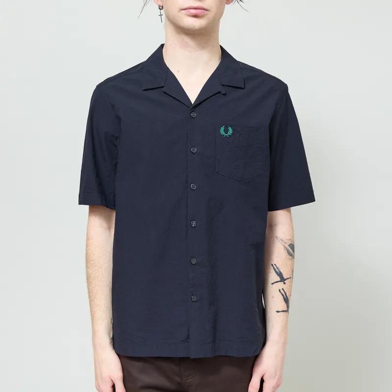Fred Perry Seersucker Revere Collar Shirt Navy