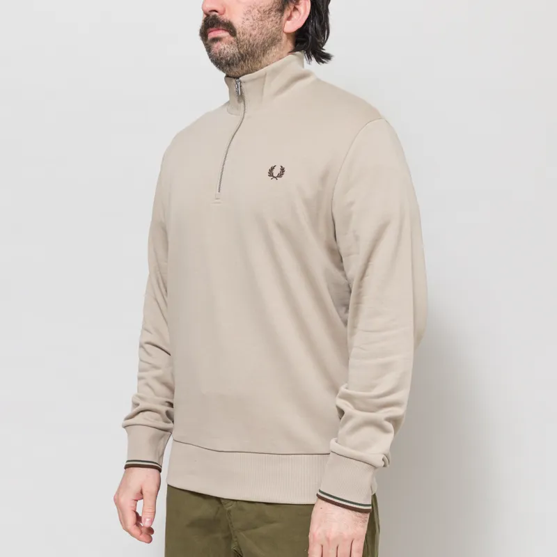 Fred Perry Half Zip Sweatshirt Warm Oat Court Green Tobacco-1